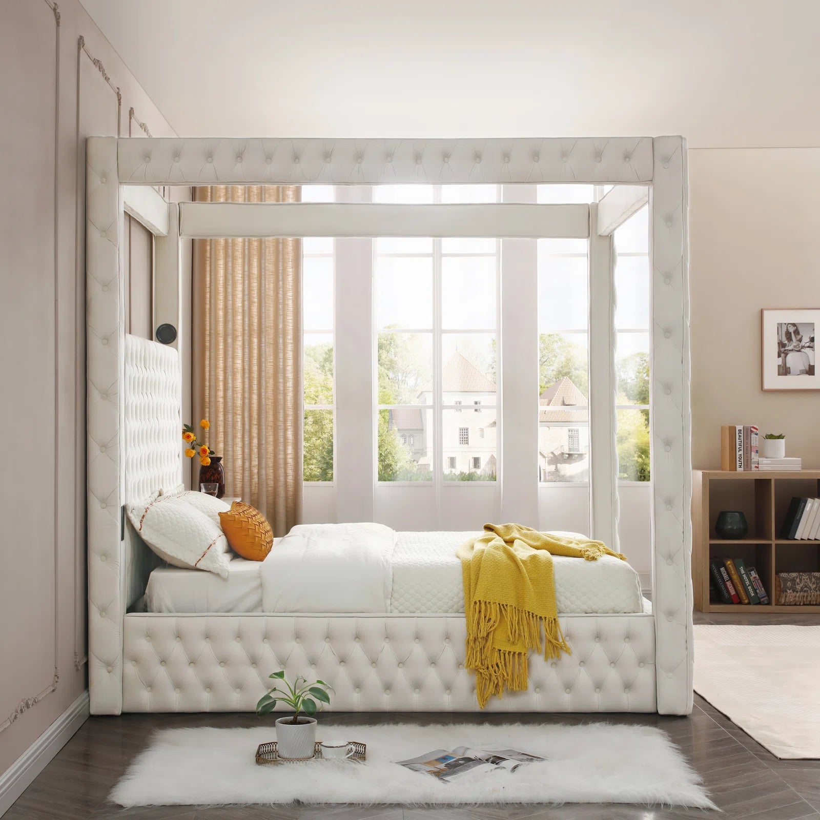 Rosdorf Park Jittender Dream Luxurious Velvet Canopy Bed | Integrated Surround Sound Speakers & USB Ports | Opulent Four-Poster Design for Modern Sophistication