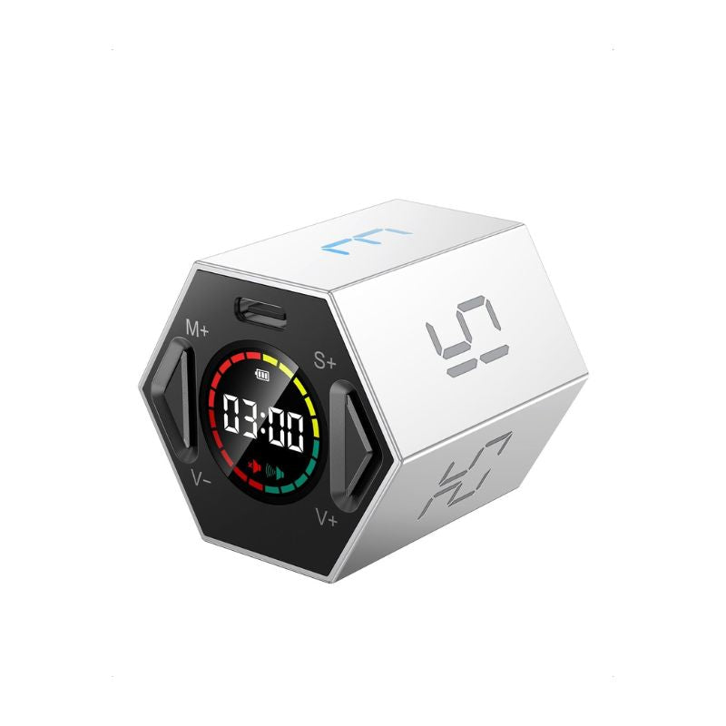 Ticktime Pomodoro Timer Cube – Gray | Silent Hexagon Timer for Focus & Productivity (3–30 Min, Custom Countdown)