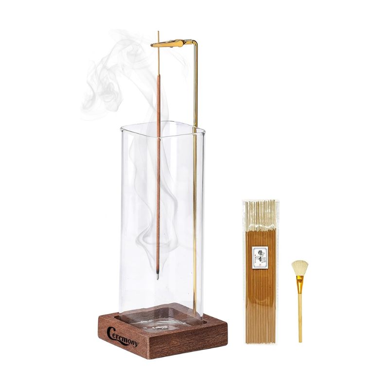 Wood Incense Burner with Glass Catcher – 20 Sticks + Cleaning Brush Included