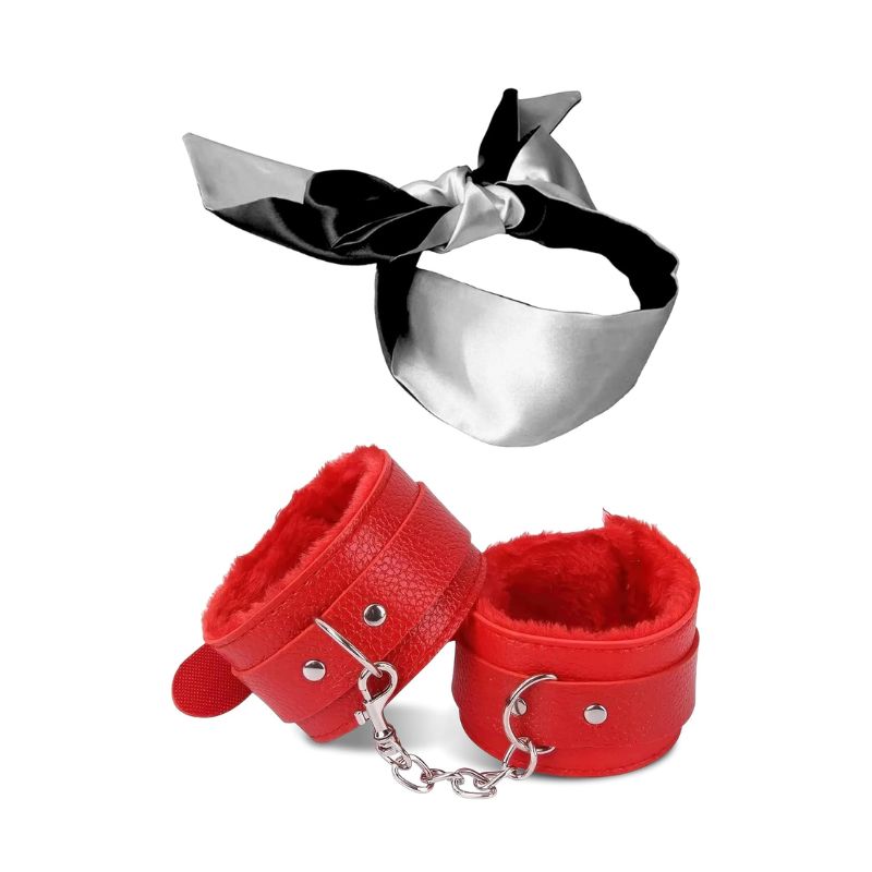 Fluffy BDSM Handcuffs & Satin Blindfold Set – Adult Bondage Kit (Black)