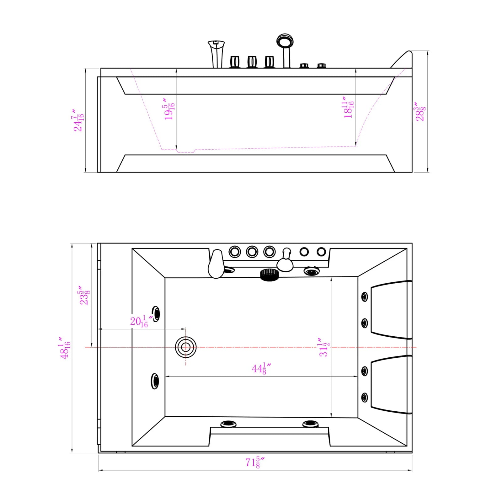 Empava 72 x 48 All-in-One Acrylic Rectangle Whirlpool Bathtub with 10 Water Jets & LED Lights - Spa-Like Relaxation with Left-Side Drain & 3-Side Alcove Install