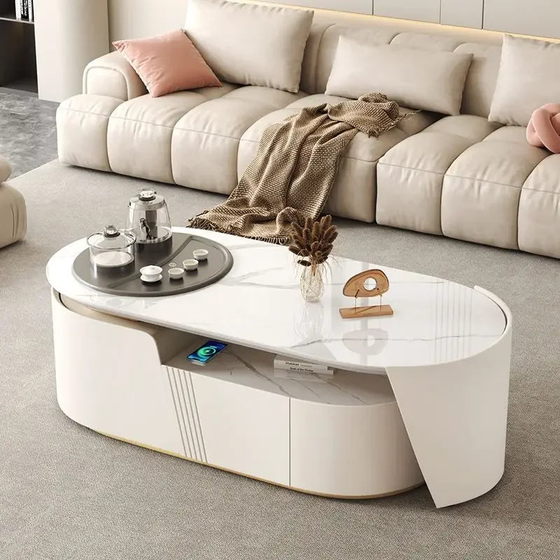 Cream Wind Rotary Coffee Table, Multi-Functional Rock Board, Light Luxury Kung Fu Tea Table, TV Cabinet, Living Room Combination