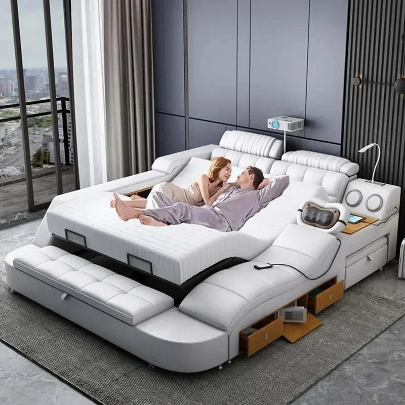 Adjustable Leather Massage Bed with Bluetooth and Storage – Modern Multifunctional Electric Bed for Bedroom Furniture