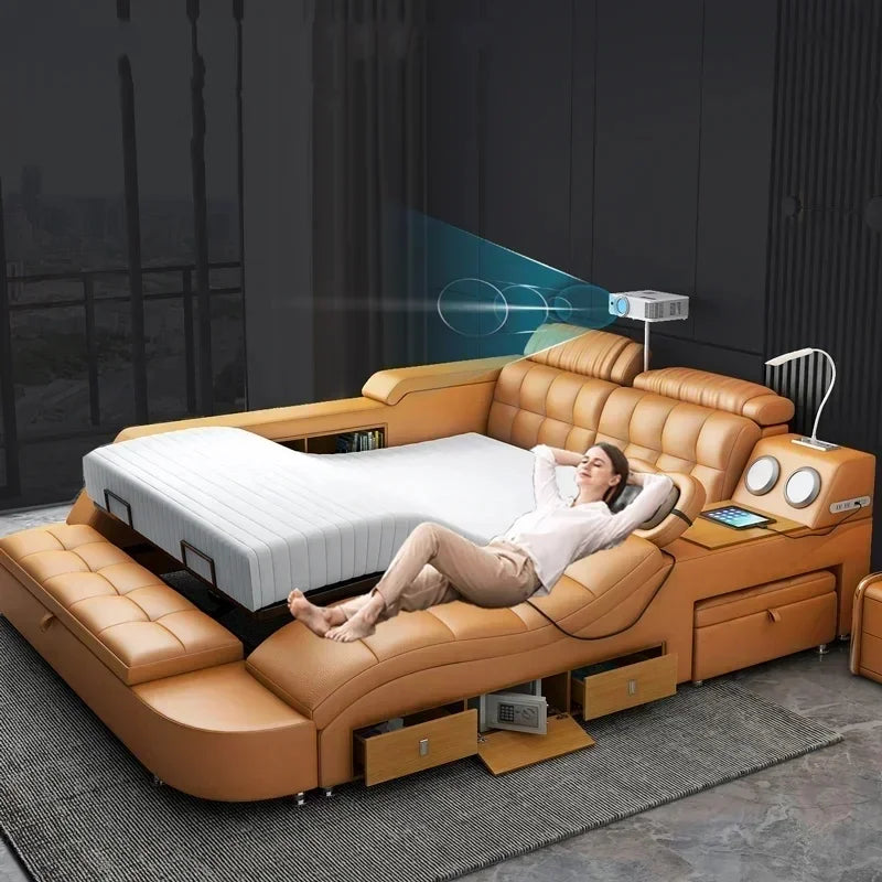 Adjustable Leather Massage Bed with Bluetooth and Storage – Modern Multifunctional Electric Bed for Bedroom Furniture