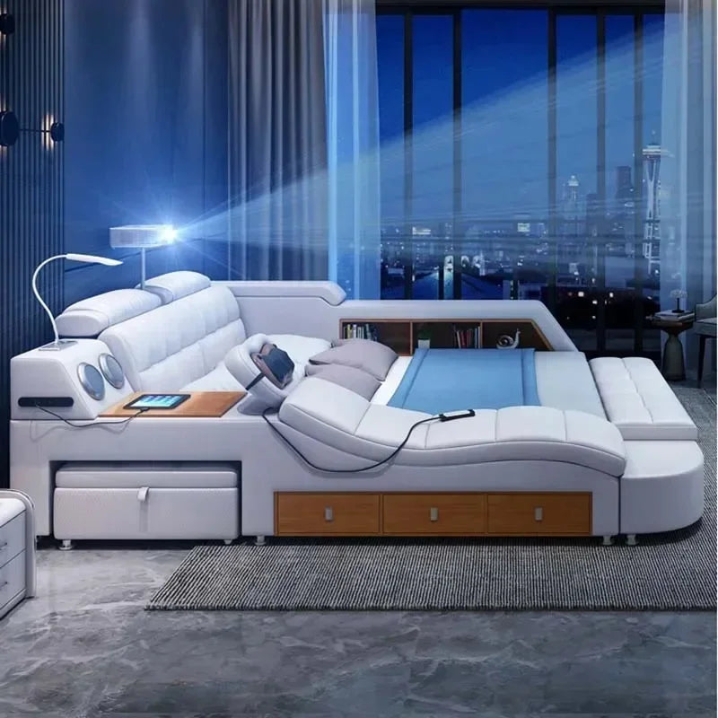 Adjustable Leather Massage Bed with Bluetooth and Storage – Modern Multifunctional Electric Bed for Bedroom Furniture