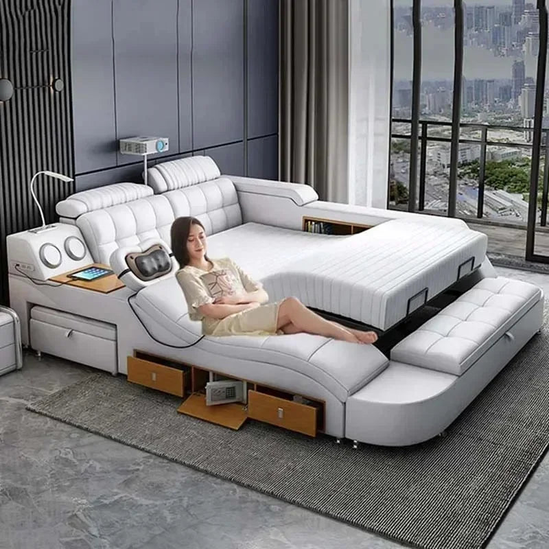 Adjustable Leather Massage Bed with Bluetooth and Storage – Modern Multifunctional Electric Bed for Bedroom Furniture