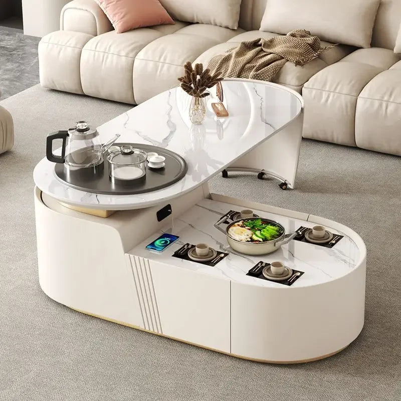 Cream Wind Rotary Coffee Table, Multi-Functional Rock Board, Light Luxury Kung Fu Tea Table, TV Cabinet, Living Room Combination