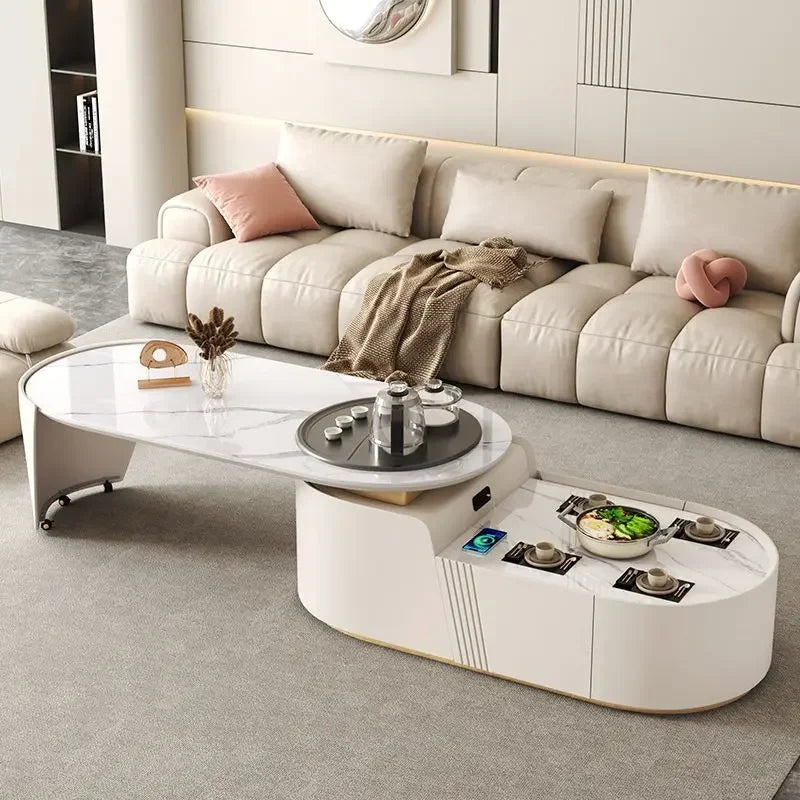 Cream Wind Rotary Coffee Table, Multi-Functional Rock Board, Light Luxury Kung Fu Tea Table, TV Cabinet, Living Room Combination