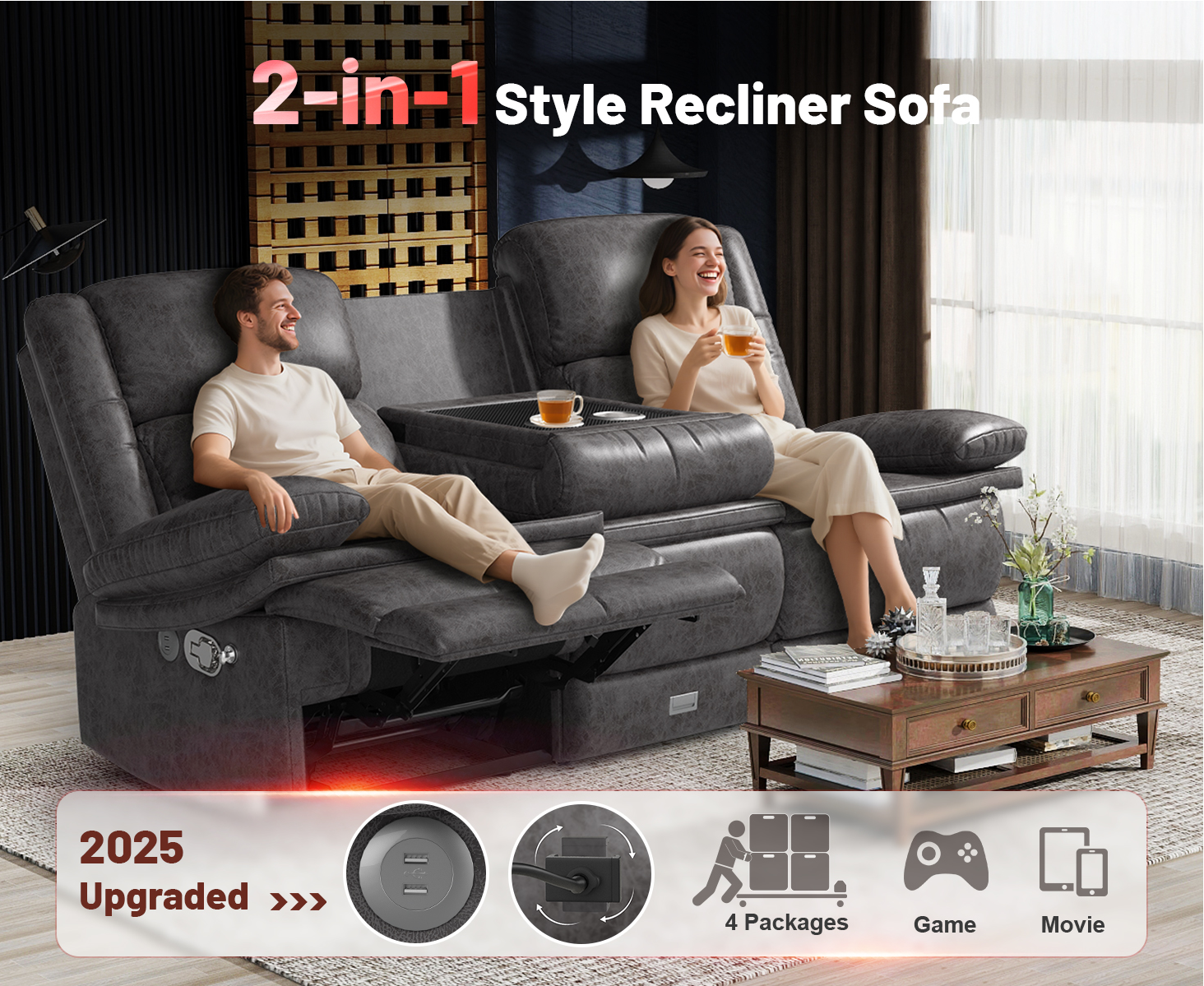 FURNIMAT™ 3-Seater Recliner Sofa — Manual Dual Recline, USB Charging, Cup Holders, Flip-Up Center, FSC/SGS-Certified Frame | Lux Smart Home Living