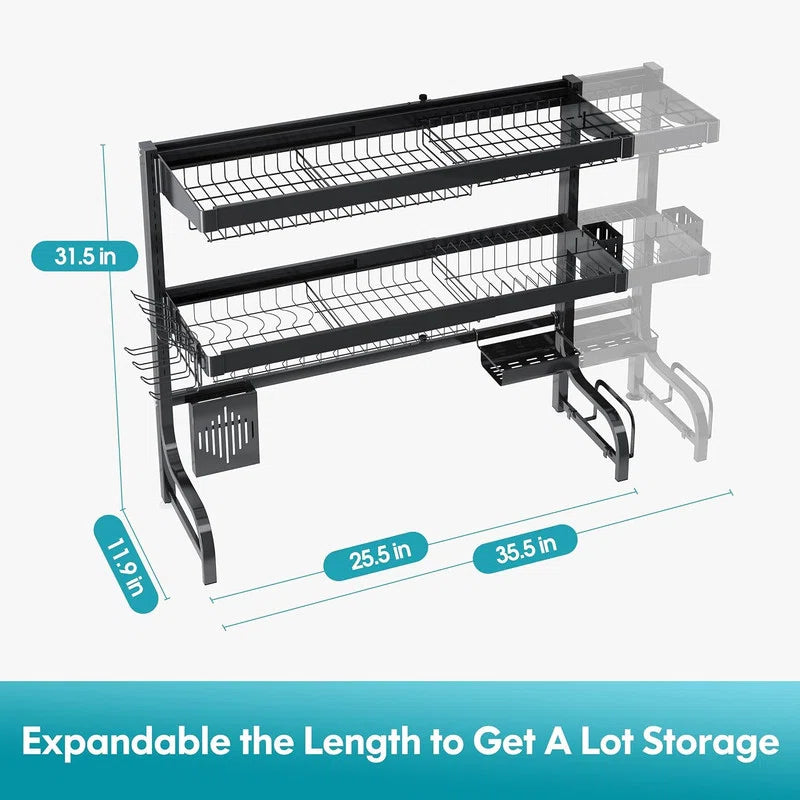 Aster Form 2-Tier Dish Rack | Space-Saving Kitchen Organizer with Stainless Steel Design, Utensil Holder, and Drip Tray