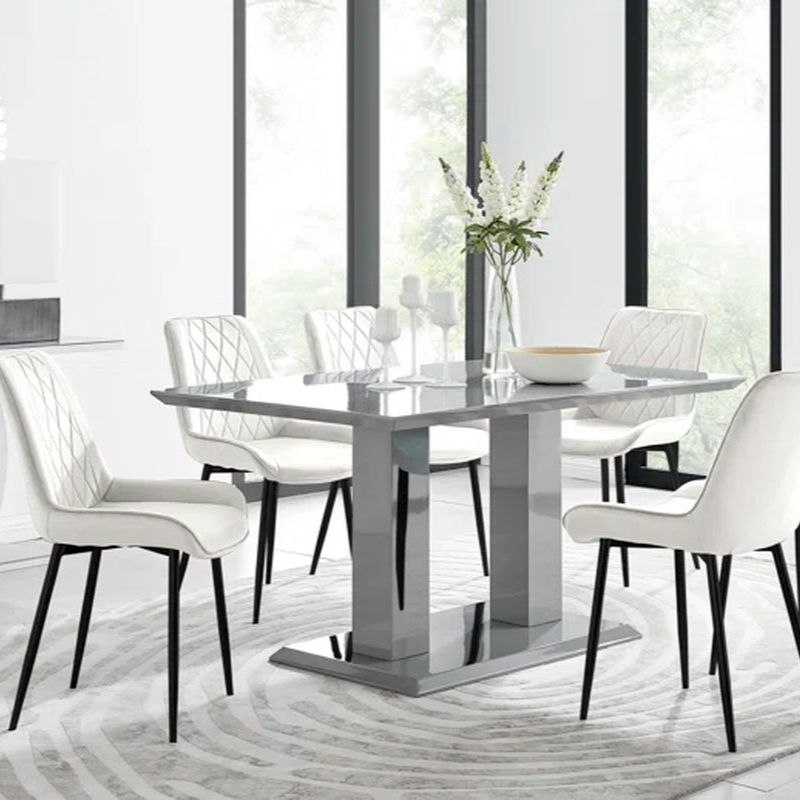 Eubanks High Gloss Double Pillar Dining Table Set with 6 Luxury Velvet Upholstered Dining Chairs