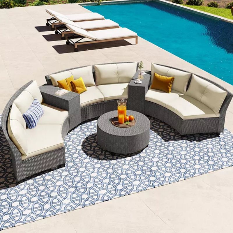 6 - Person Fan-Shaped Rattan Suit Combination with Cushions and Table,Suitable for Garden