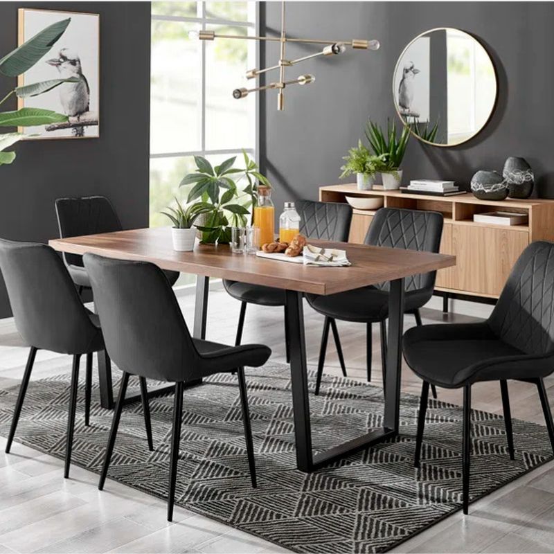 Wood Effect Top Rectangular Dining Table with U-Shape Black Metal Legs 6 - Person Dining Set