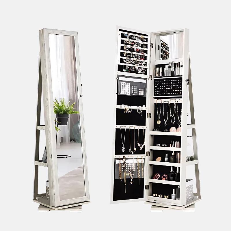 360Degree Rotatable Jewelry Cabinet 2-In-1 Lockable Mirrored Organizer