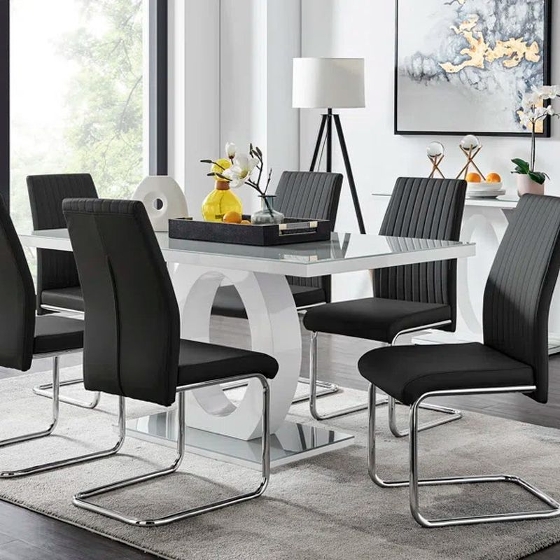 Scottsmoor Modern High Gloss Halo 6 Seater Dining Table Set with Luxury Faux Leather Dining Chairs