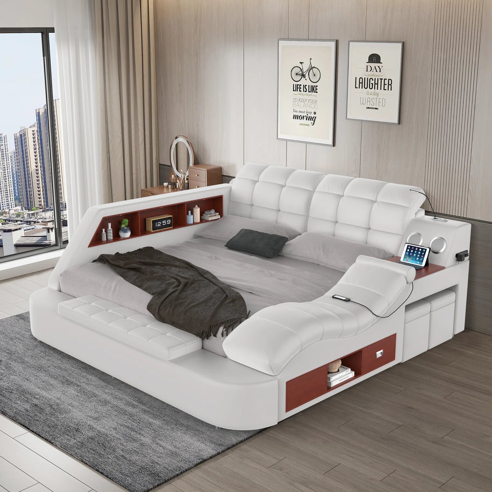 Smart Tech Ultimate Italian Leather Bed - Luxurious Smart Bed with Tufted Headboard, Built-in Speakers, USB Ports & Storage - Modern Low-Profile Design