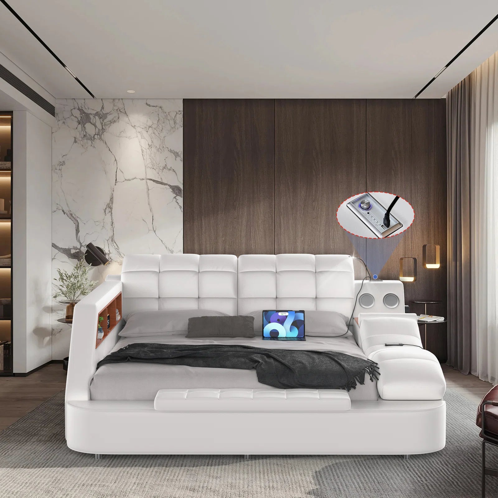 Smart Tech Ultimate Italian Leather Bed - Luxurious Smart Bed with Tufted Headboard, Built-in Speakers, USB Ports & Storage - Modern Low-Profile Design