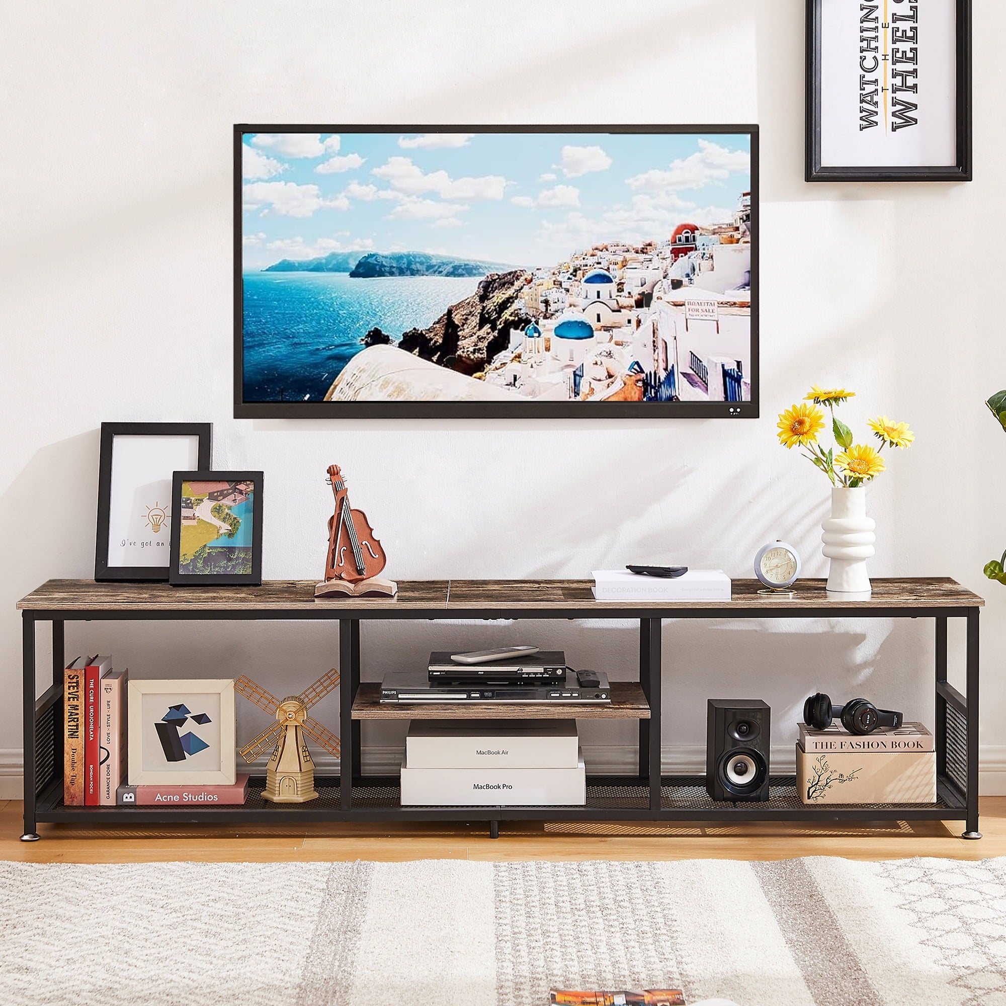 TV Stand up to 80 Inches, Industrial 70.86" Entertainment Center with Storage and Mesh Shelf for Living Room/Bedroom, Brown