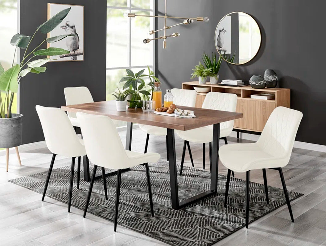 Wood Effect Top Rectangular Dining Table with U-Shape Black Metal Legs 6 - Person Dining Set