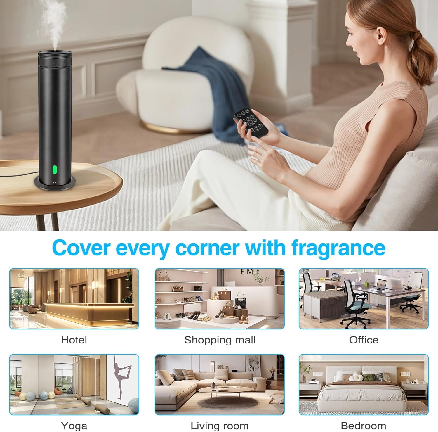 Waterless Scent Diffuser Starter Kit - Suitable for Home and Hotel Series Air Diffuser, 800 Square Inches of Coverage, 7 Kinds of Scented Essential Oils, Remote Control, Atomizer Core Black