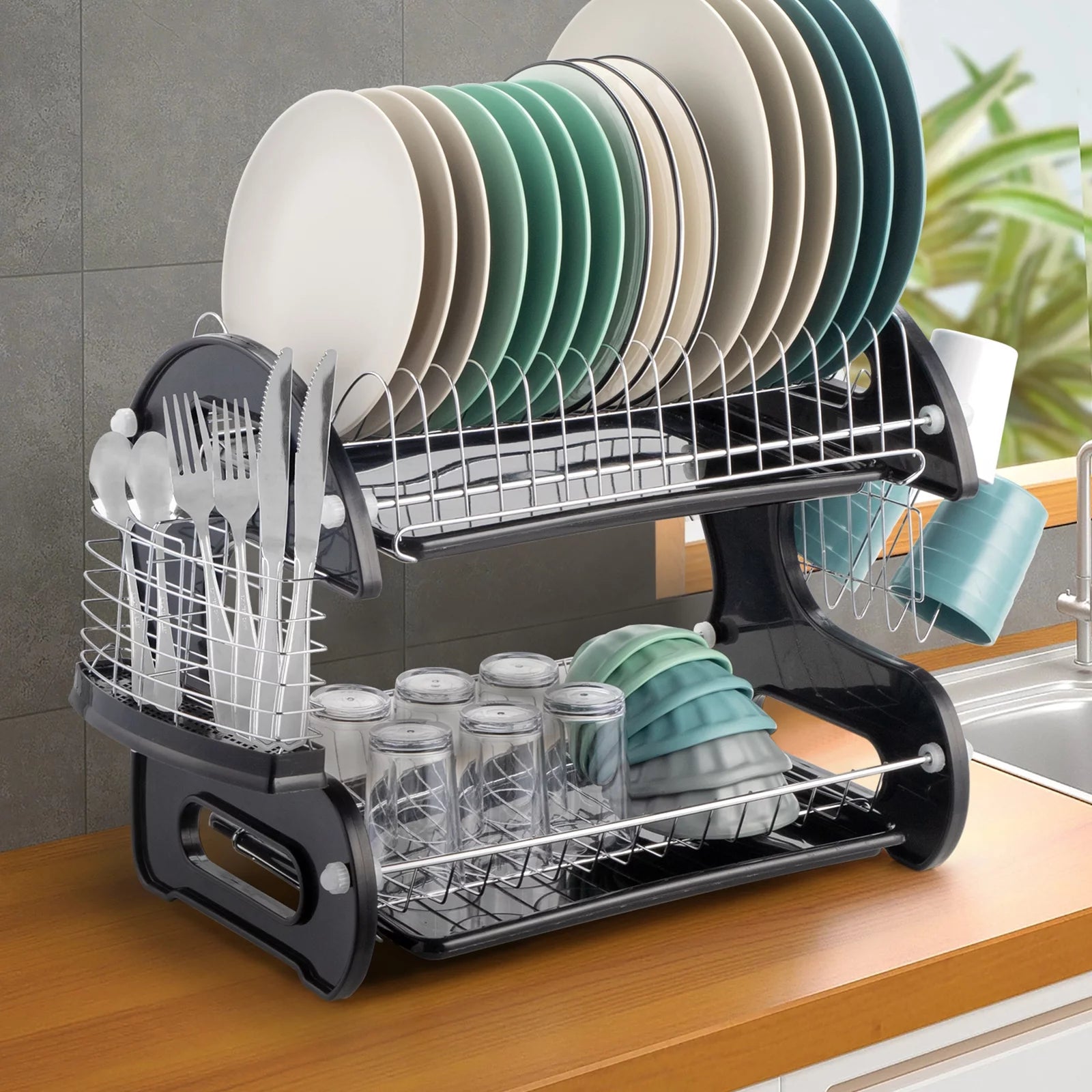 Ktaxon 2-Tier Dish Drainer Drying Rack | Large Capacity Stainless Steel Kitchen Storage with Utensil Holder & Cutting Board Organizer