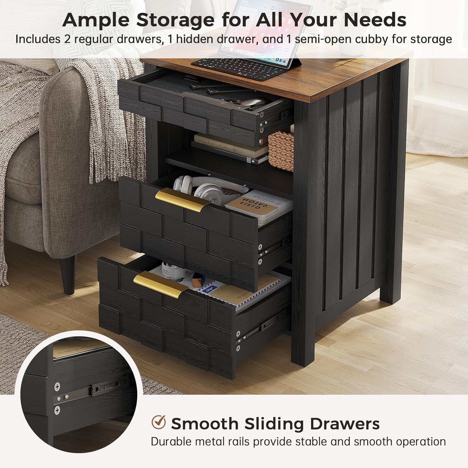 Nightstand with Gun Drawer, Bedside Table with Charging Station and 2 Drawers, Smart Side Table with 3-Color Human Sensor LED Lights for Bedroom, Black