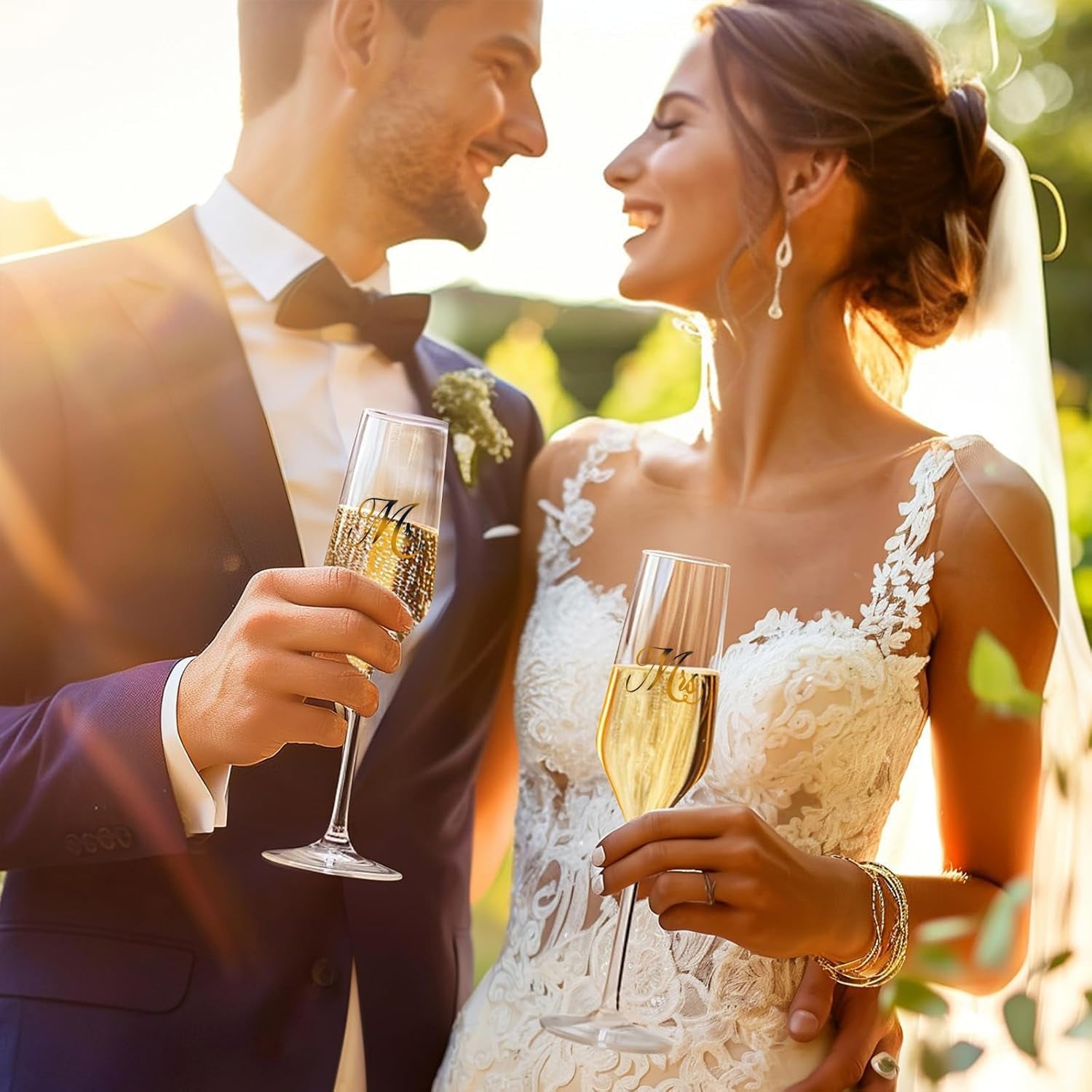 Mr. & Mrs. Champagne Flute Set, Wedding Decor - His and Hers, Wedding Toasting Glasses for Engagement Celebrations, Bridal Shower and Registry Idea, Tall Wine Glasses for Bride and Groom Gifts