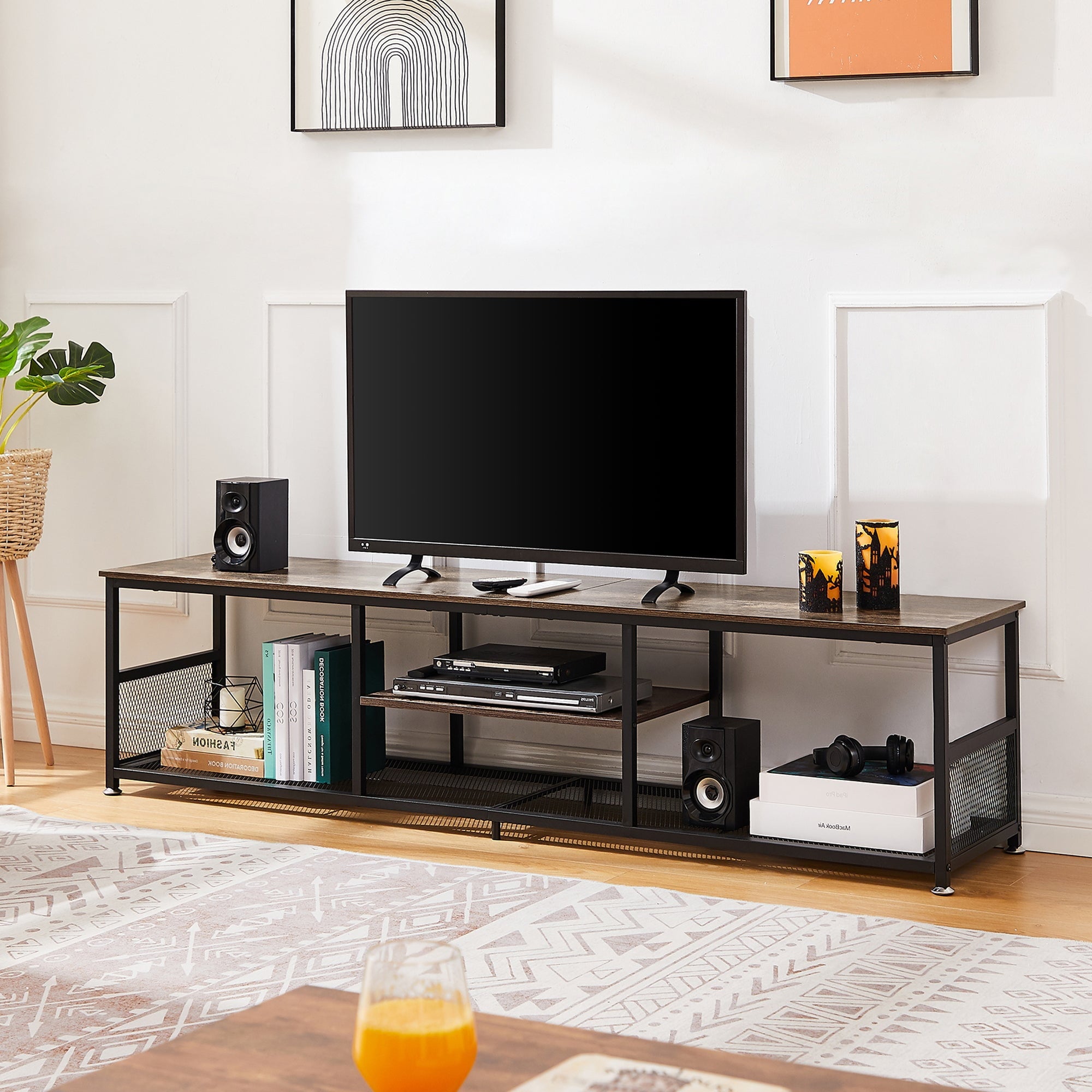 TV Stand up to 80 Inches, Industrial 70.86" Entertainment Center with Storage and Mesh Shelf for Living Room/Bedroom, Brown