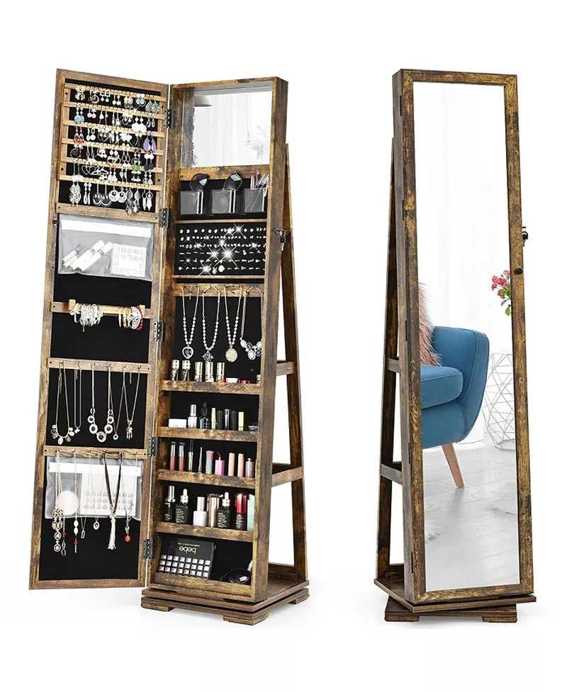 360Degree Rotatable Jewelry Cabinet 2-In-1 Lockable Mirrored Organizer