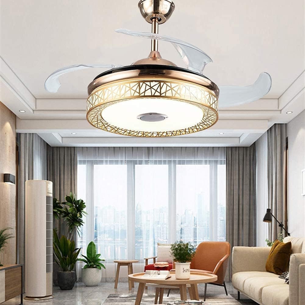 42'' Modern Ceiling Fans with Light Smart Bluetooth Speaker Music Player Chandelier 3 Colors 3 Speeds Invisible Blades with Remote Control, Silent Motor with LED Kits (42-In Gold Nest)