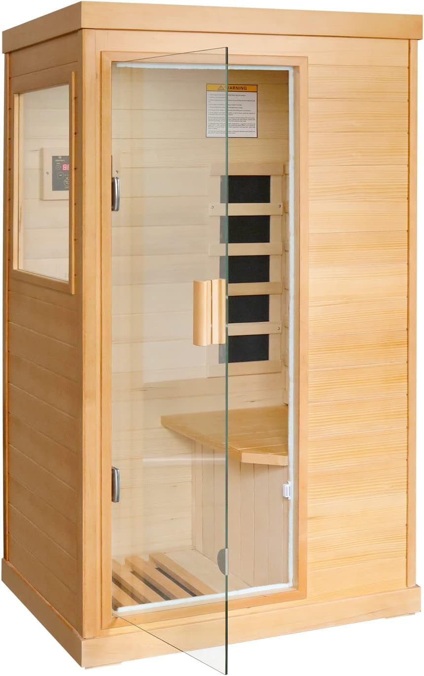 Far Infrared Sauna Home Sauna Spa Room Canadian Hemlock Wood 800W Indoor Saunas with Control Panel and Tempered Glass Door, Room:35.2 * 27.6 * 61.6Inch