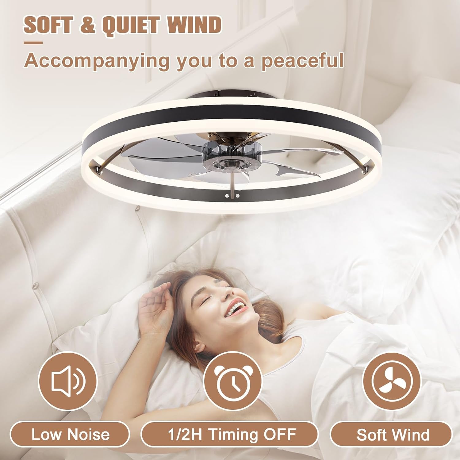 Low Profile Ceiling Fans with Lights and Remote, 23.6In Fandelier Ceiling Fan Flush Mount, 3000K-6500K Smart Bladeless LED Fan Light, Black Modern Ceiling Fans with Lights for Bedroom