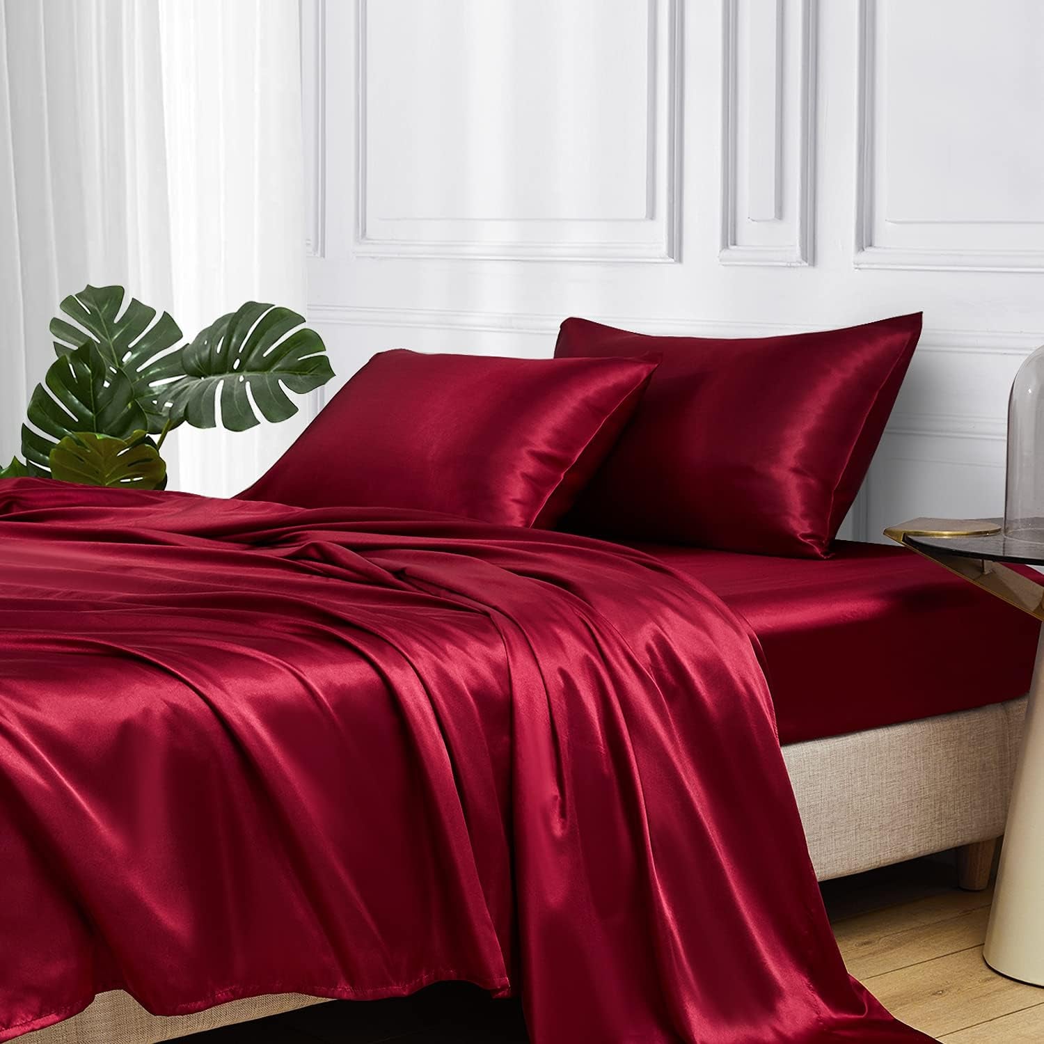 Satin Bed Sheets, Queen Size Sheets Set, 4 Pcs Silky Bedding Set with 15 Inches Deep Pocket for Mattress (Queen, Burgundy)