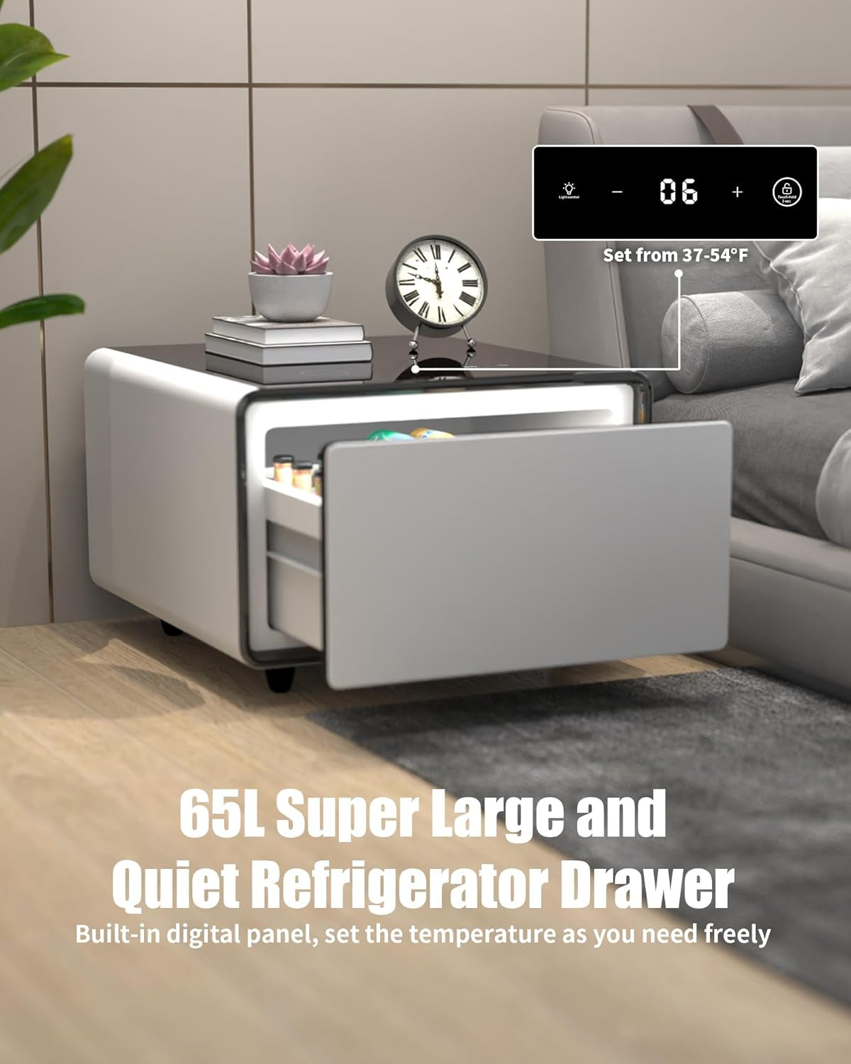 Smart Side Table, Nightstand with Built in Fridge, 27.8" D X 26.5" W X 18.1" H, Mini Coffee Table with 15W Wireless Charging, Modern End Table with USB Chargers and Outlets (White)