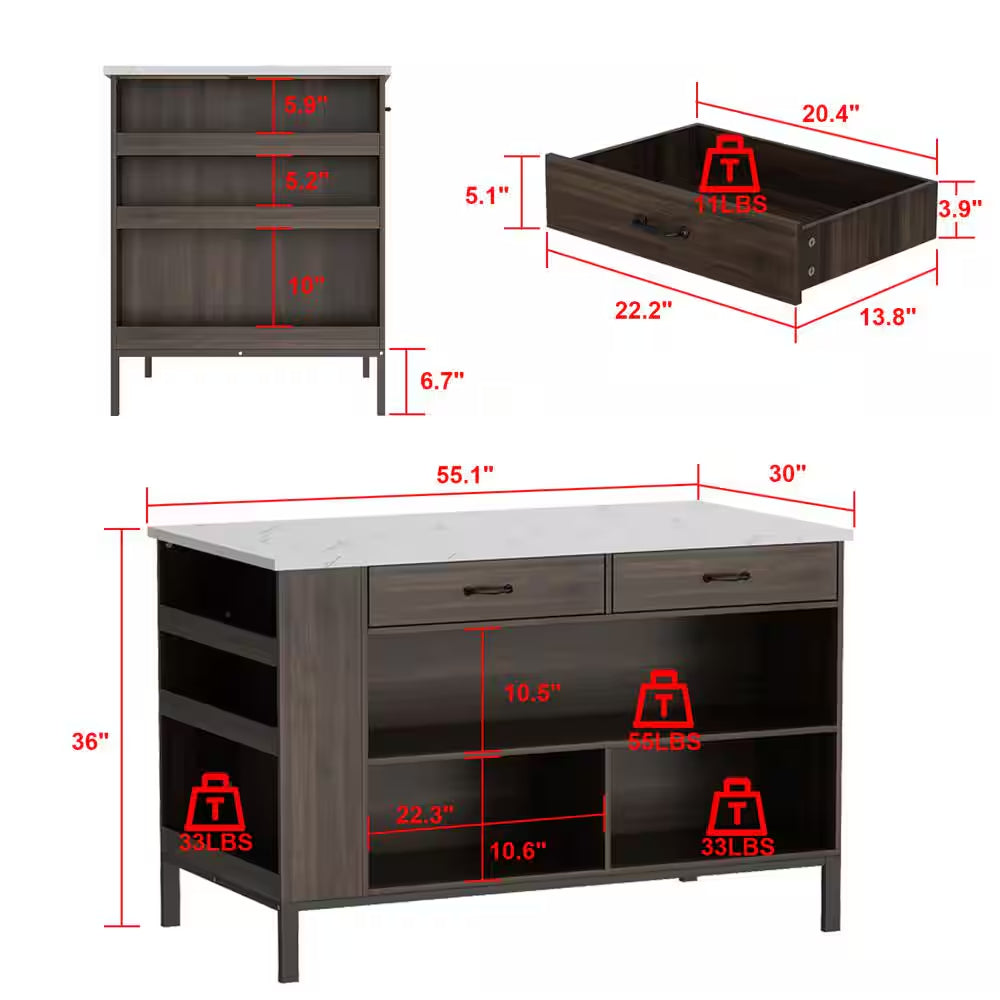 Marble Wood Grain Top 55.1 In.. W Kitchen Island D In. In.G Bar Table In. Dark Brown with Shelves, 2-Drawers