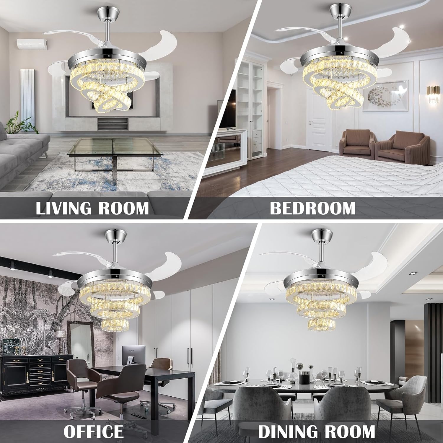 42" Crystal Ceiling Fan with Lights,Modern DIY Crystal Chandelier Ceiling Fan with Remote Control,Invisible Retractable Ceiling Fan for Living Room Bedroom Dining Room (Big Crystal, Silver)