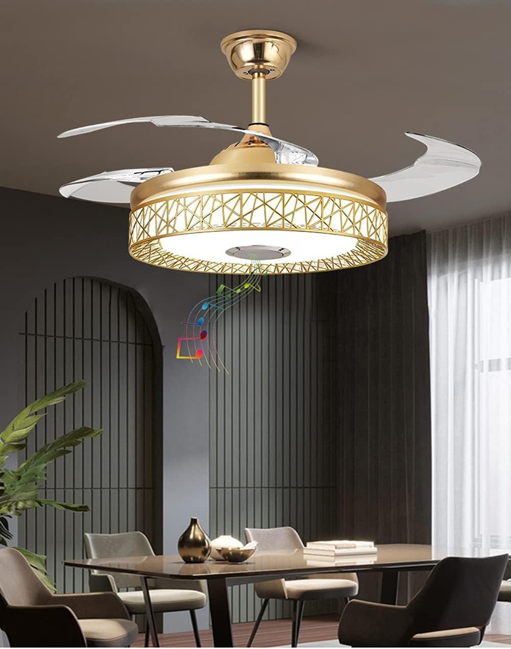 42'' Modern Ceiling Fans with Light Smart Bluetooth Speaker Music Player Chandelier 3 Colors 3 Speeds Invisible Blades with Remote Control, Silent Motor with LED Kits (42-In Gold Nest)