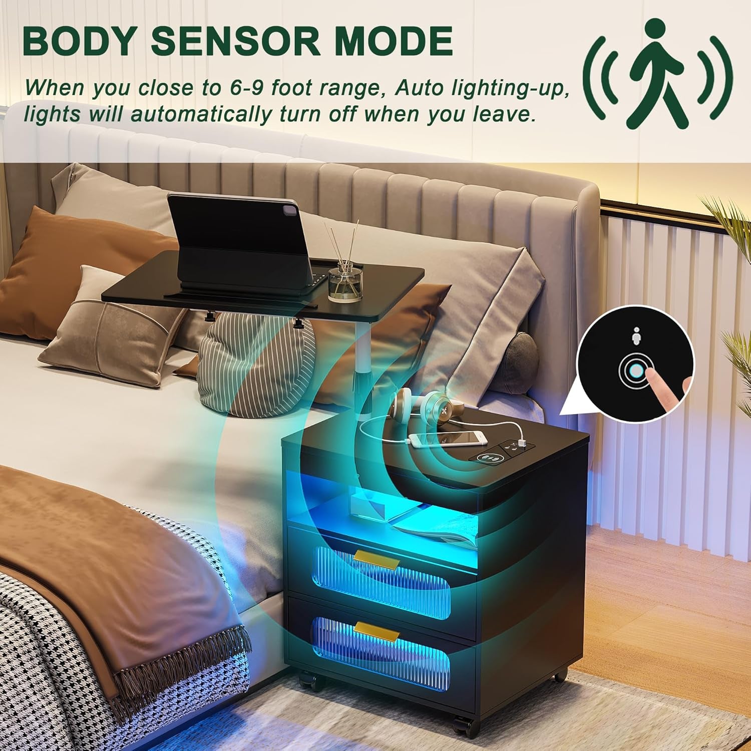 Nightstand with Wireless Charging Station, LED Nightstand Has Adjustable Rotary Workstation,Smart Night Stand with 2 Drawers,Modern Bedside Table for Bedroom, Sensor Light/Wheel (Black)