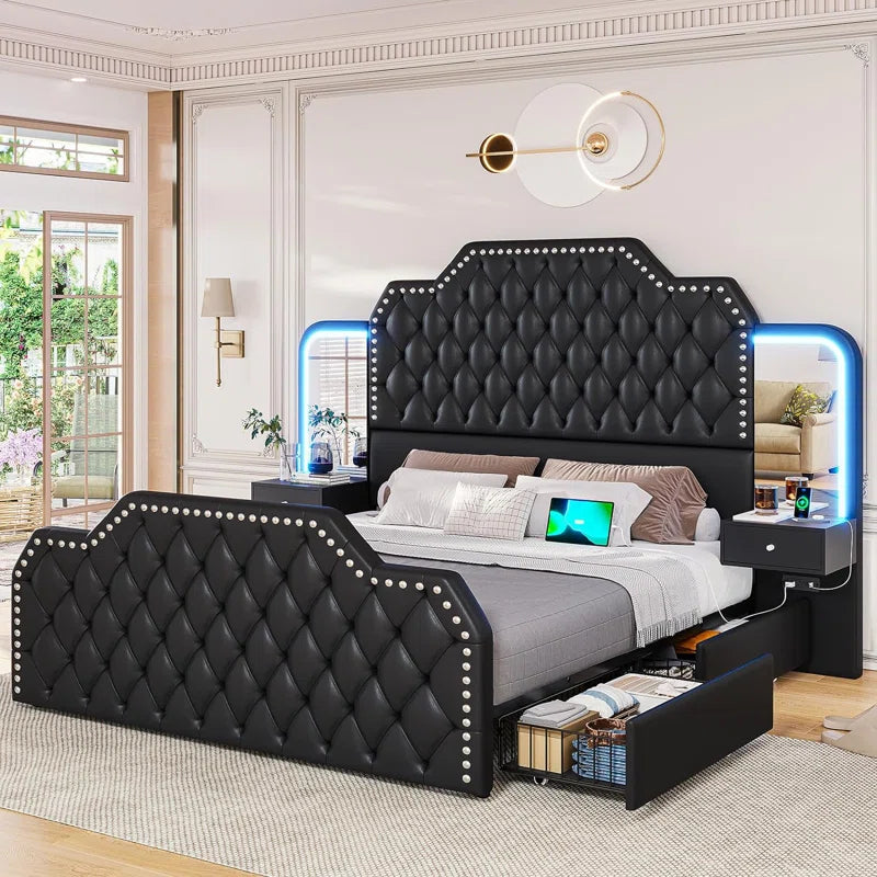 Karlton Bed with 4 Storage Drawers，Led Tall Platform Bed Frame