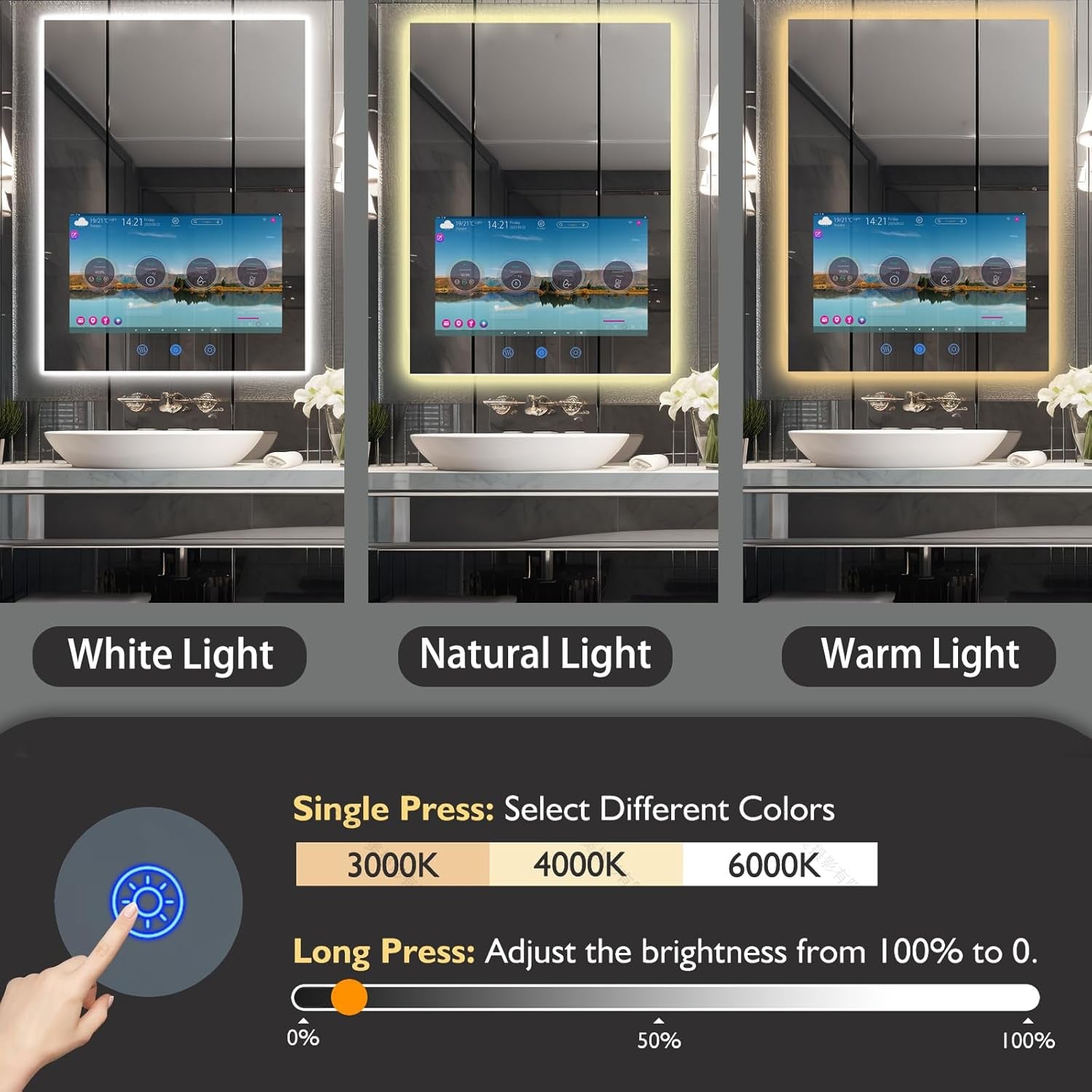 24X32 Inch Bathroom Vanity Mirror with 21.5” Touchscreen Smart TV, Streaming Apps, Weather,Clock, 3-Color Dimmable LED Light, Anti-Fog,Wi-Fi, Bluetooth,Hdmi,Vertical Wall Mount(2025 Upgraded)