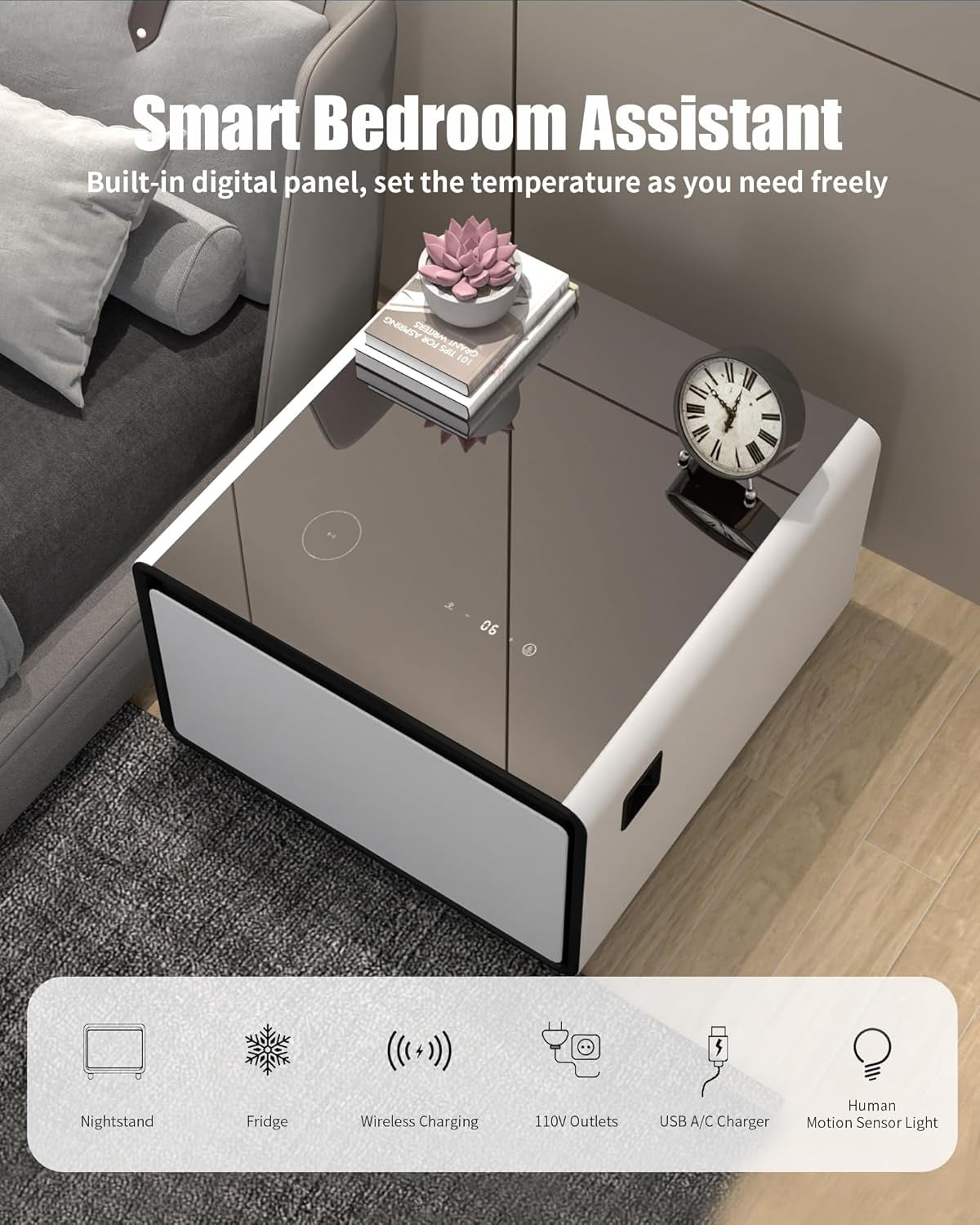 Smart Side Table, Nightstand with Built in Fridge, 27.8" D X 26.5" W X 18.1" H, Mini Coffee Table with 15W Wireless Charging, Modern End Table with USB Chargers and Outlets (White)