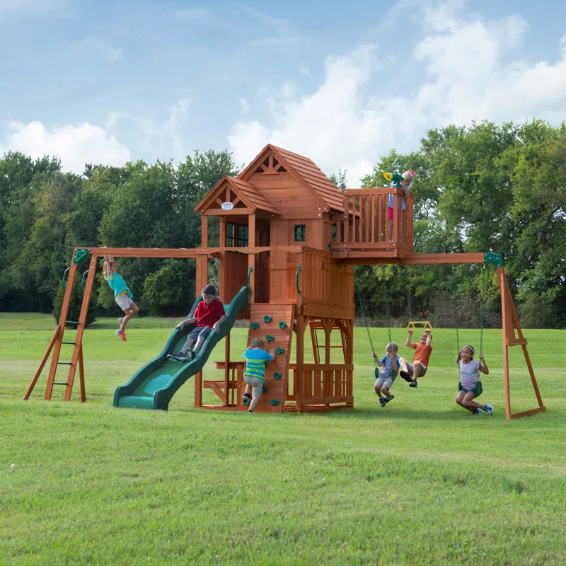 Backyard Discovery Skyfort II All-Cedar Swing Set | Deluxe Wooden Playset with Slide, Fort, Swings, and Sandbox | Premium Outdoor Adventure for Kids