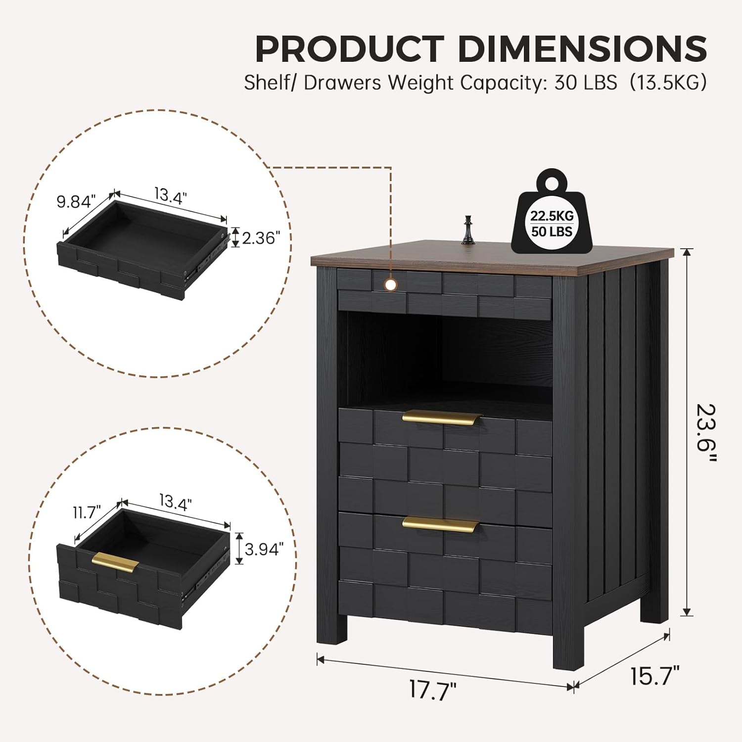 Nightstand with Gun Drawer, Bedside Table with Charging Station and 2 Drawers, Smart Side Table with 3-Color Human Sensor LED Lights for Bedroom, Black