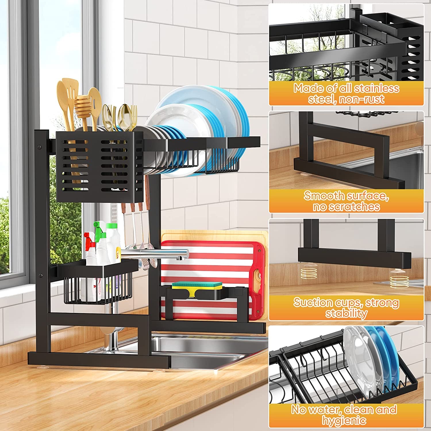 Adjustable Over Sink Dish Drying Rack with 2 Tiers - Stainless Steel Kitchen Counter Organizer