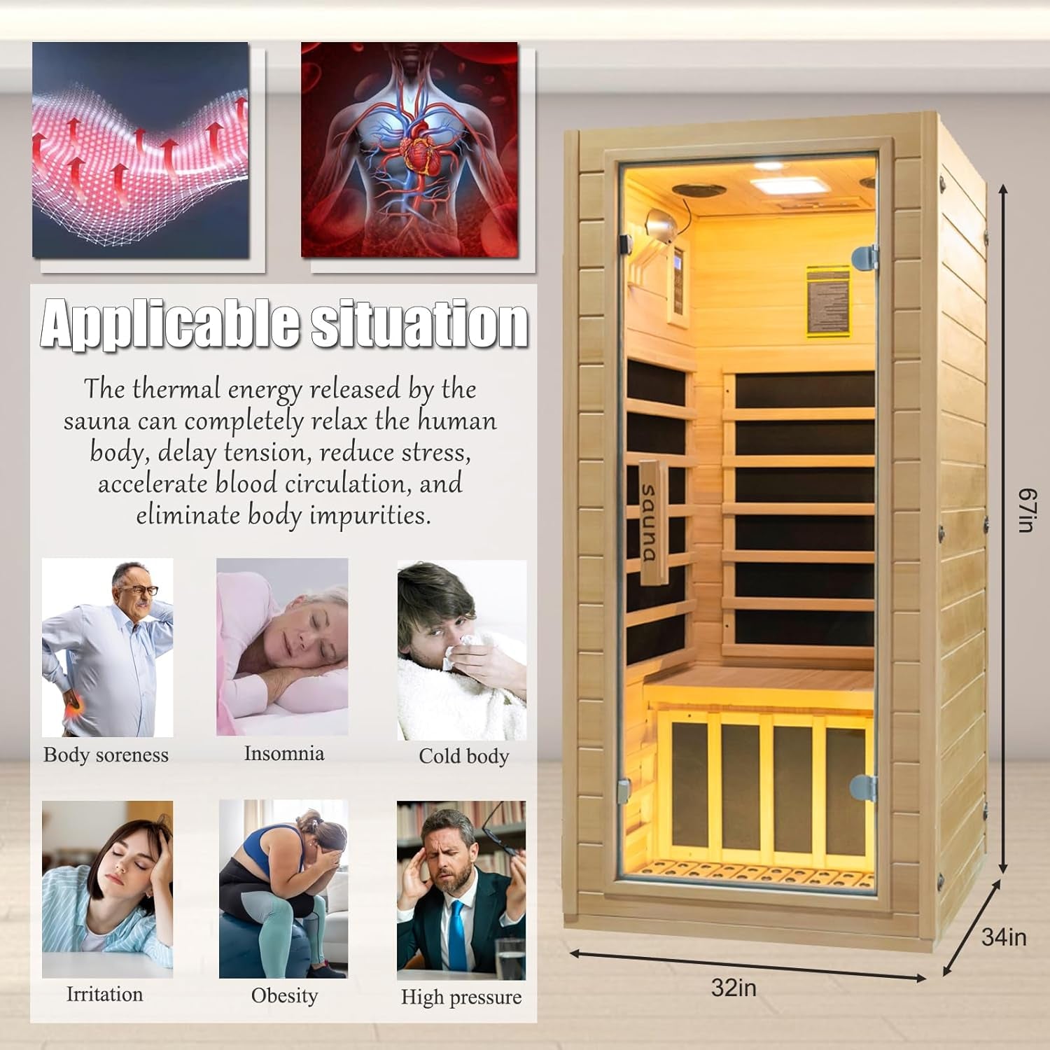 Infrared Home Sauna Room 1 Person Hemlock Wooden Indoor Dry Sauna，1200W/110V Heaters Panels,Lcd Control Panel,10 Minutes Pre-Warm Up,Time and Temp Pre-Set