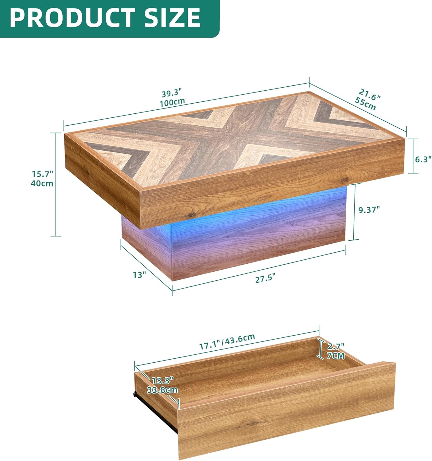 LED Living Room Coffee Table with Storage 2 Drawers, Rectangular Modern Coffee Tables for Living Room Controlled by Remote and App, Farmhouse Center Table Home Decor, Brown