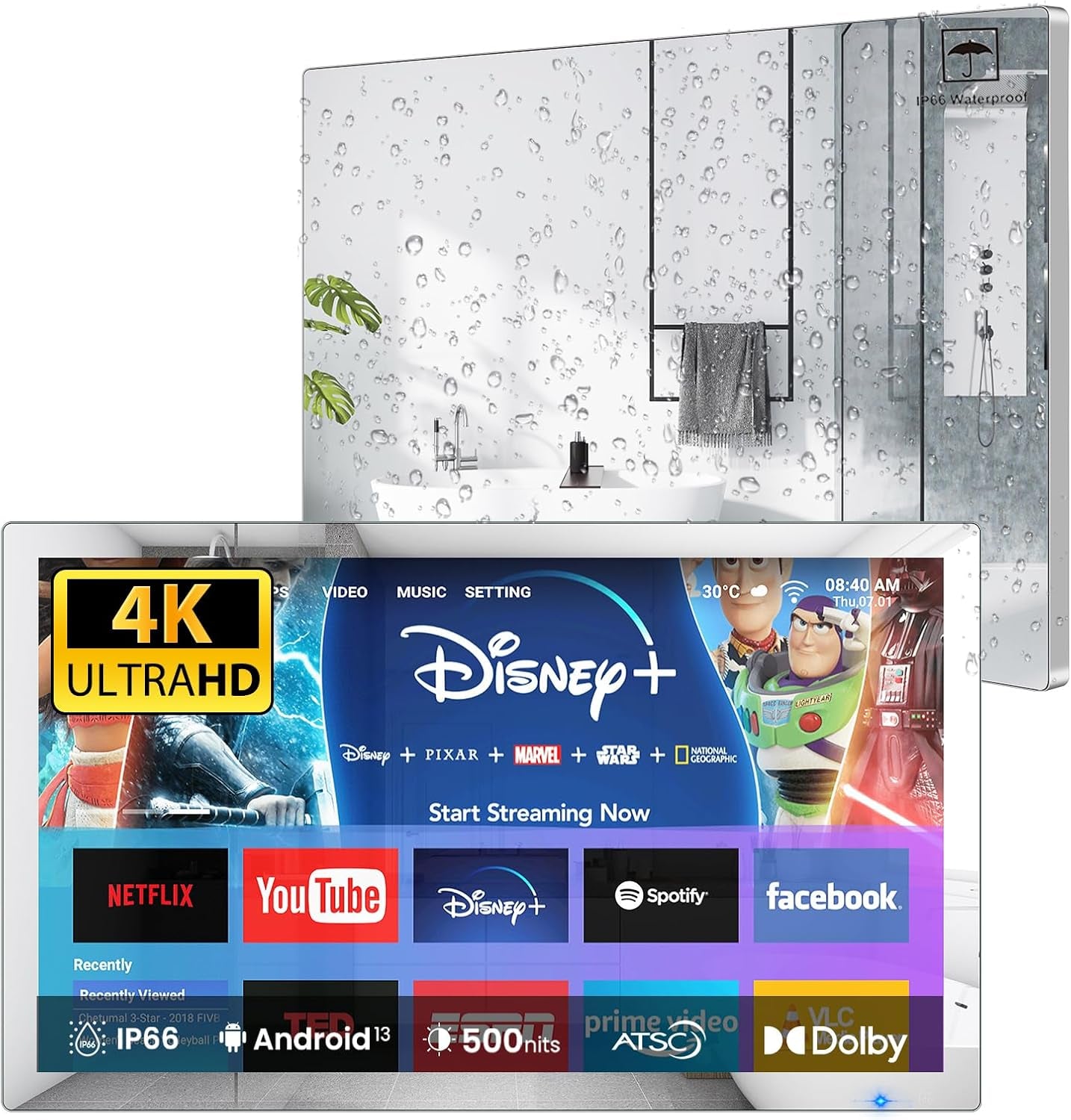 32" 4K Ultra HD Smart Bathroom Mirror TV, IP66 Waterproof, Android 13 System with Voice Remote for Google Assistant ATSC Tuner, 500 Cd/㎡ High Brightness (Black Frame, 2025 Model)