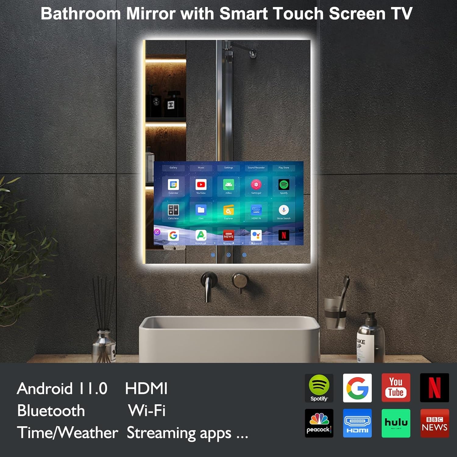 24X32 Inch Bathroom Vanity Mirror with 21.5” Touchscreen Smart TV, Streaming Apps, Weather,Clock, 3-Color Dimmable LED Light, Anti-Fog,Wi-Fi, Bluetooth,Hdmi,Vertical Wall Mount(2025 Upgraded)