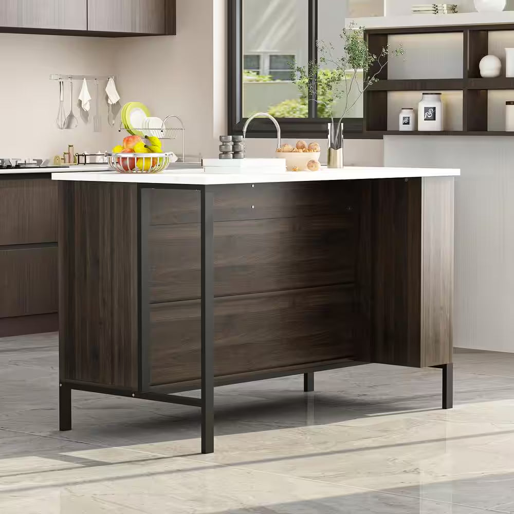 Marble Wood Grain Top 55.1 In.. W Kitchen Island D In. In.G Bar Table In. Dark Brown with Shelves, 2-Drawers