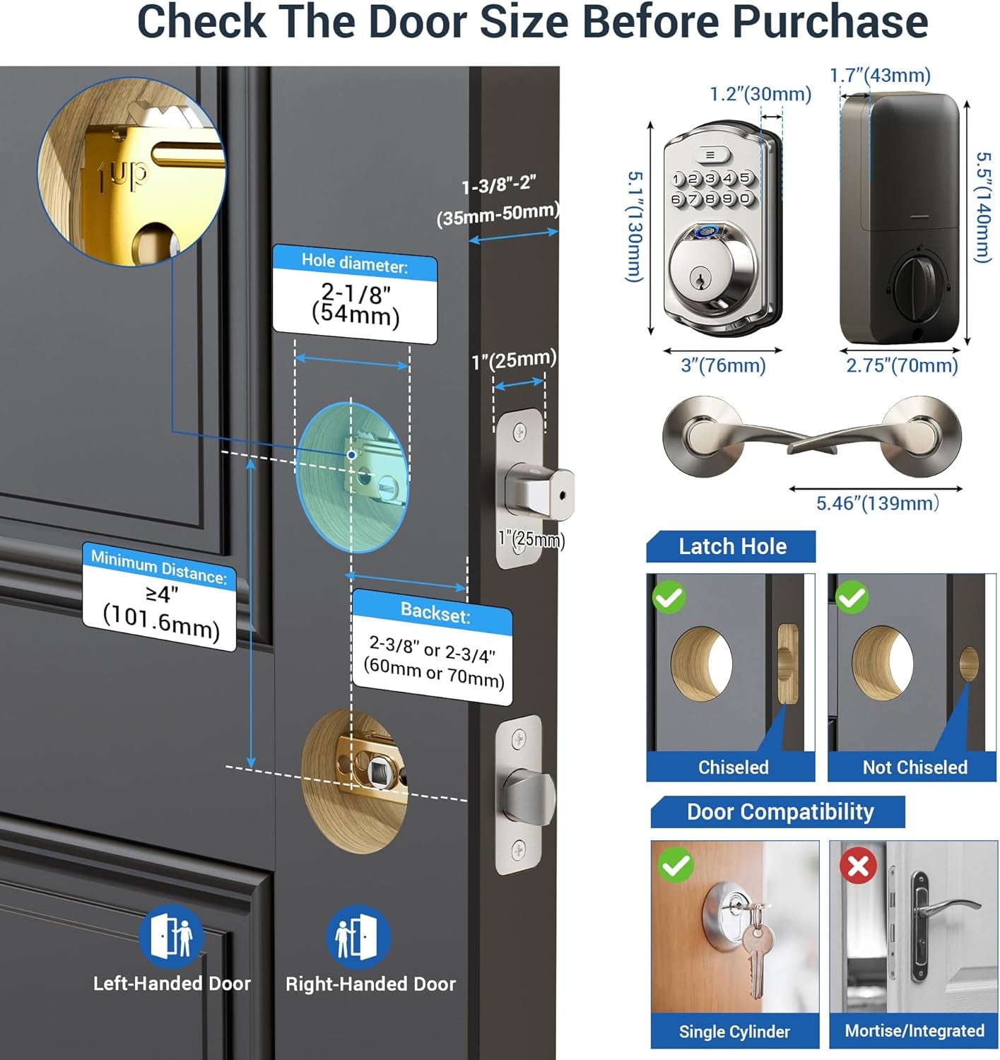 Fingerprint Door Lock with 2 Lever Handles - Keyless Entry Door Lock, Electronic Keypad Deadbolt & Front Door Lock Handle Sets, Auto Lock, Easy Installation, Satin Nickel